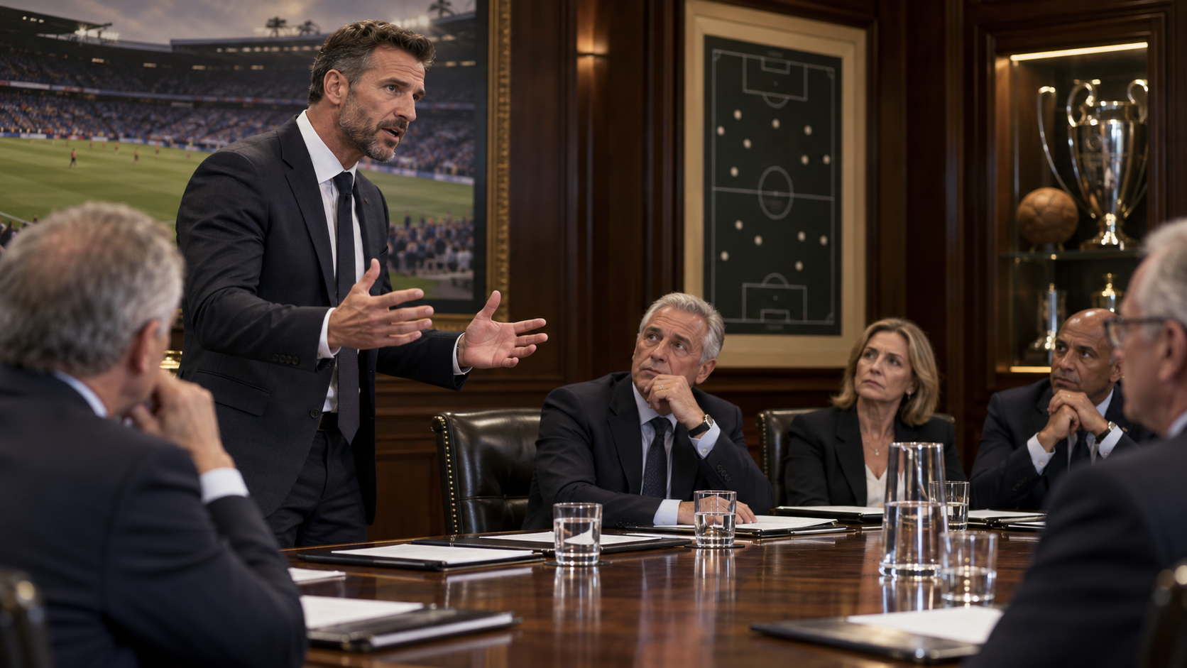 Addressing a football board about the manager's dismissal