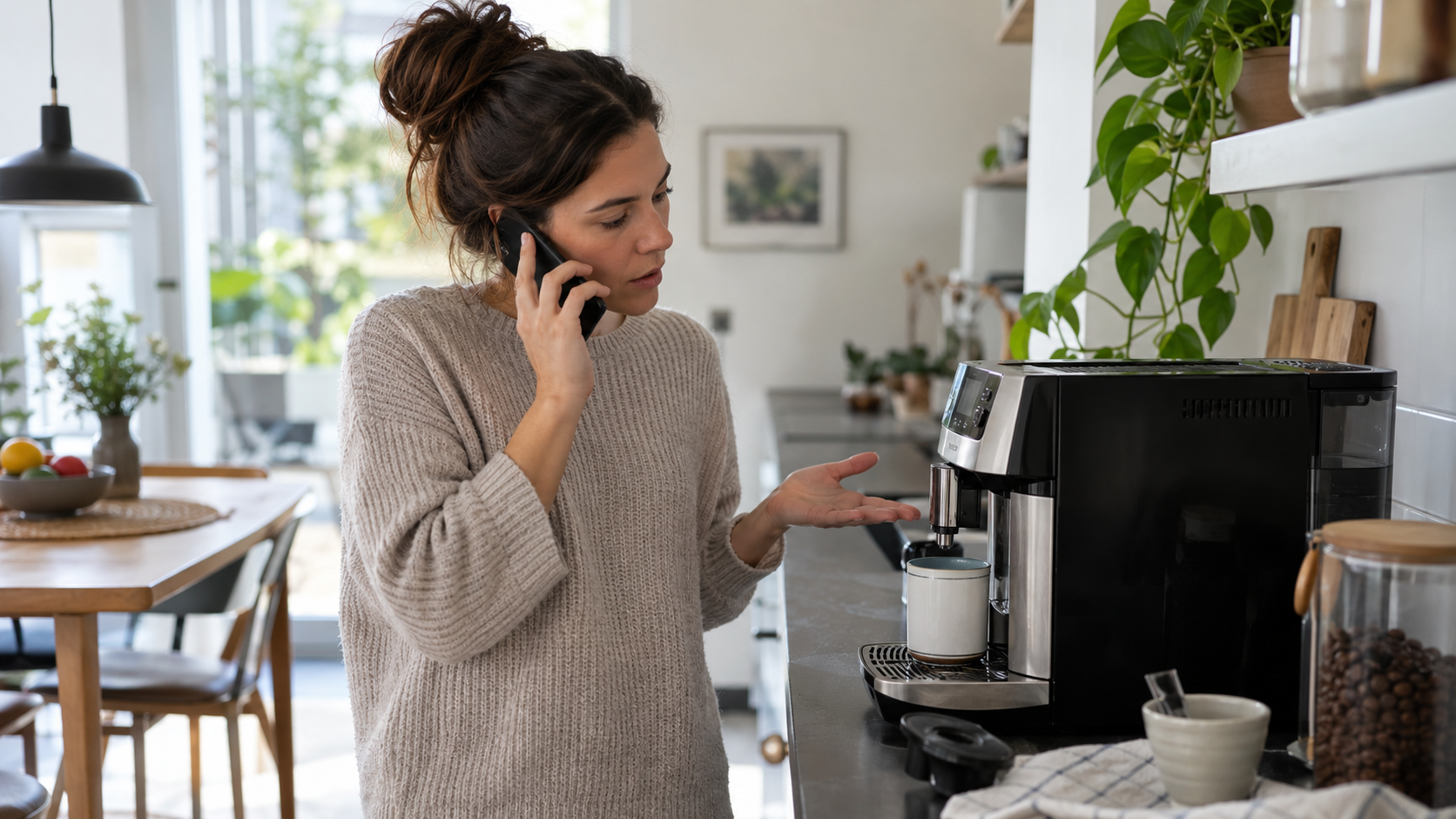 Eine defekte Kaffeemaschine beim Kundendienst melden