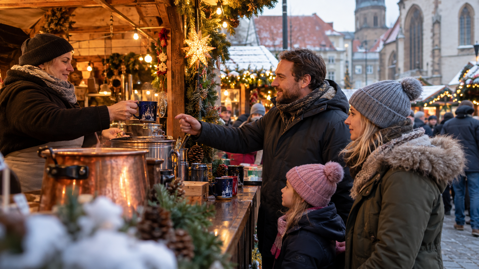 Auf dem Weihnachtsmarkt Glühwein bestellen