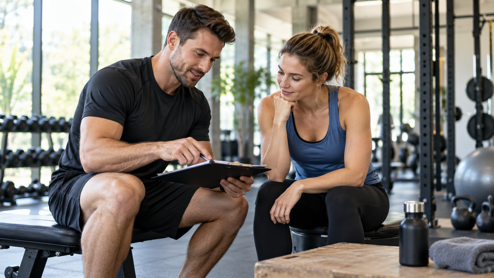 Einen Fitnessplan mit einem Trainer besprechen