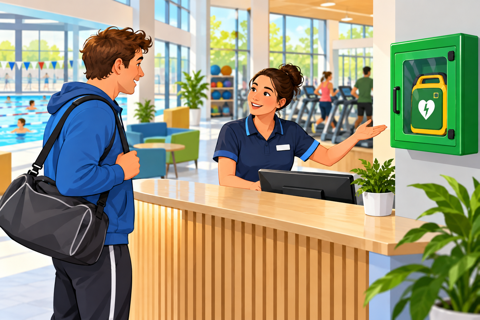 Asking about a public defibrillator in a sports centre