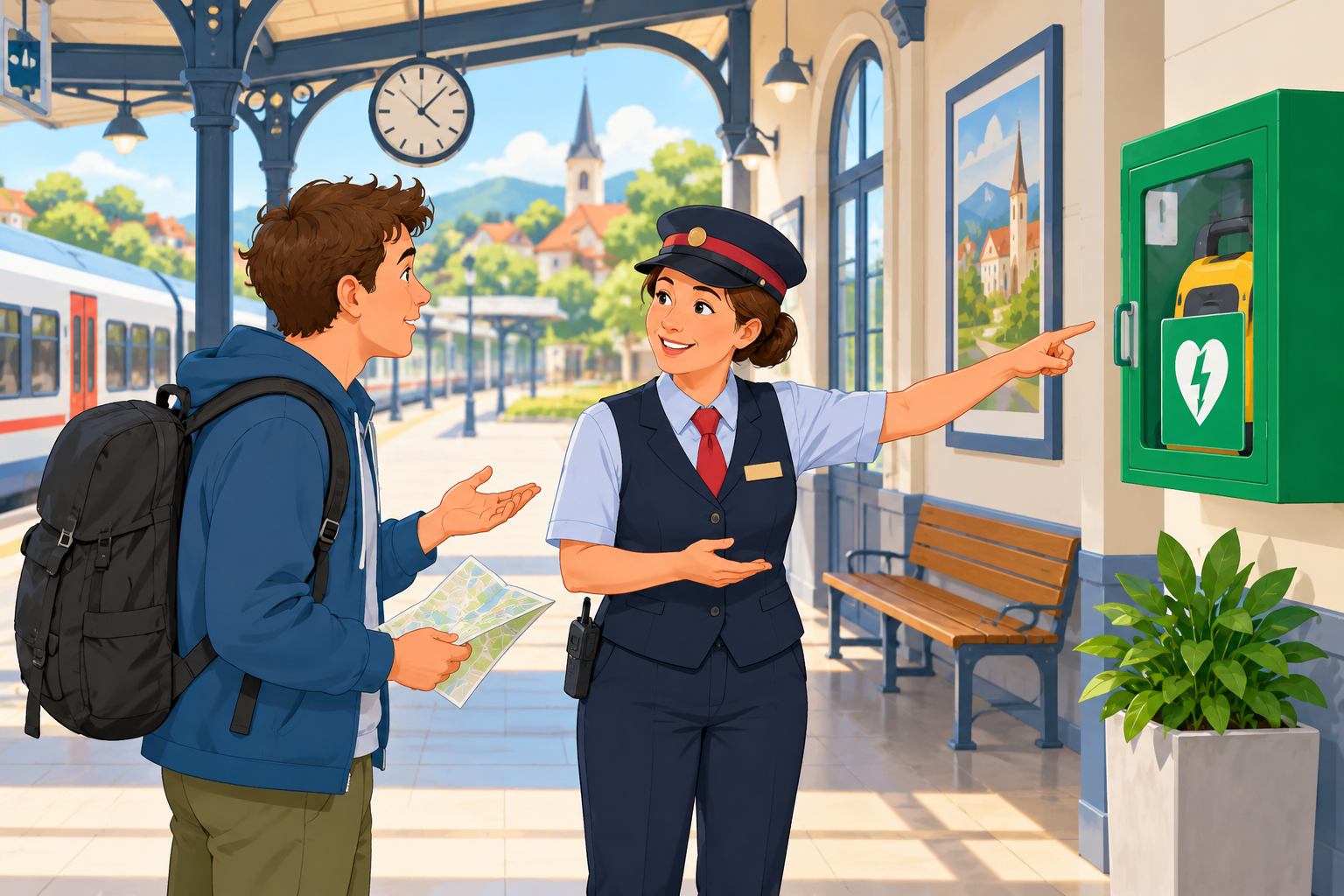 Asking about a public defibrillator in a train station