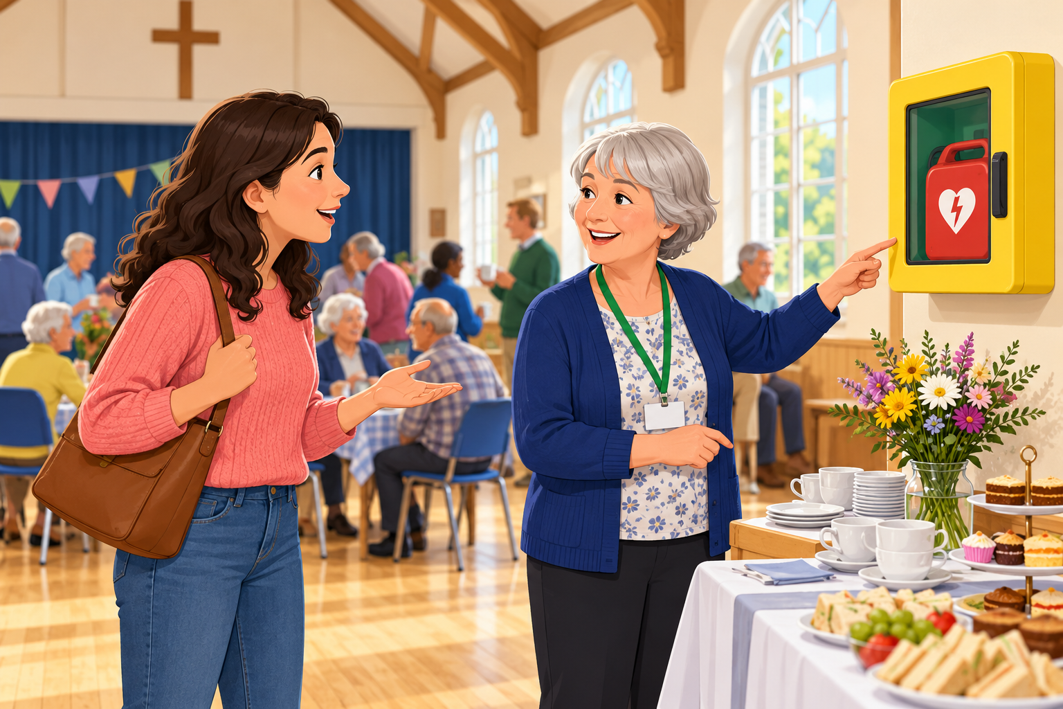 Asking about a public defibrillator in a church hall