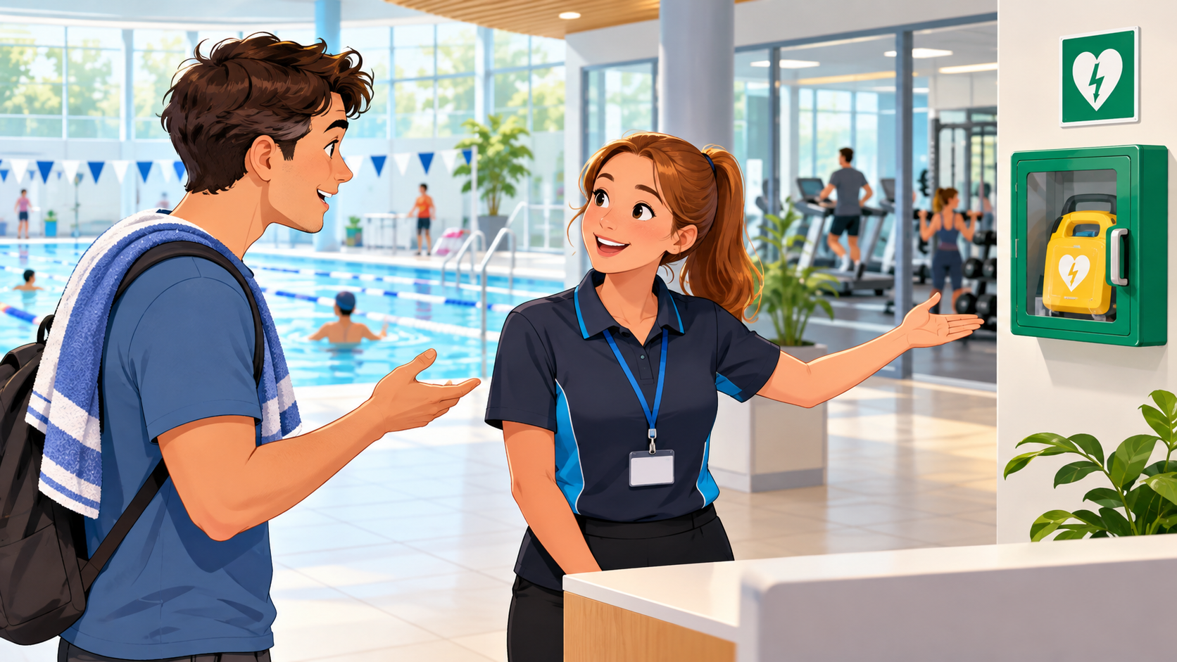 Asking about a public defibrillator location in a leisure centre