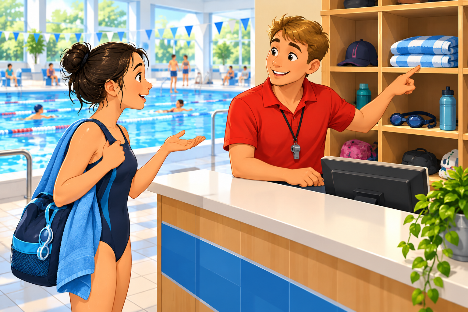 Asking about a lost-and-found box at a swimming pool