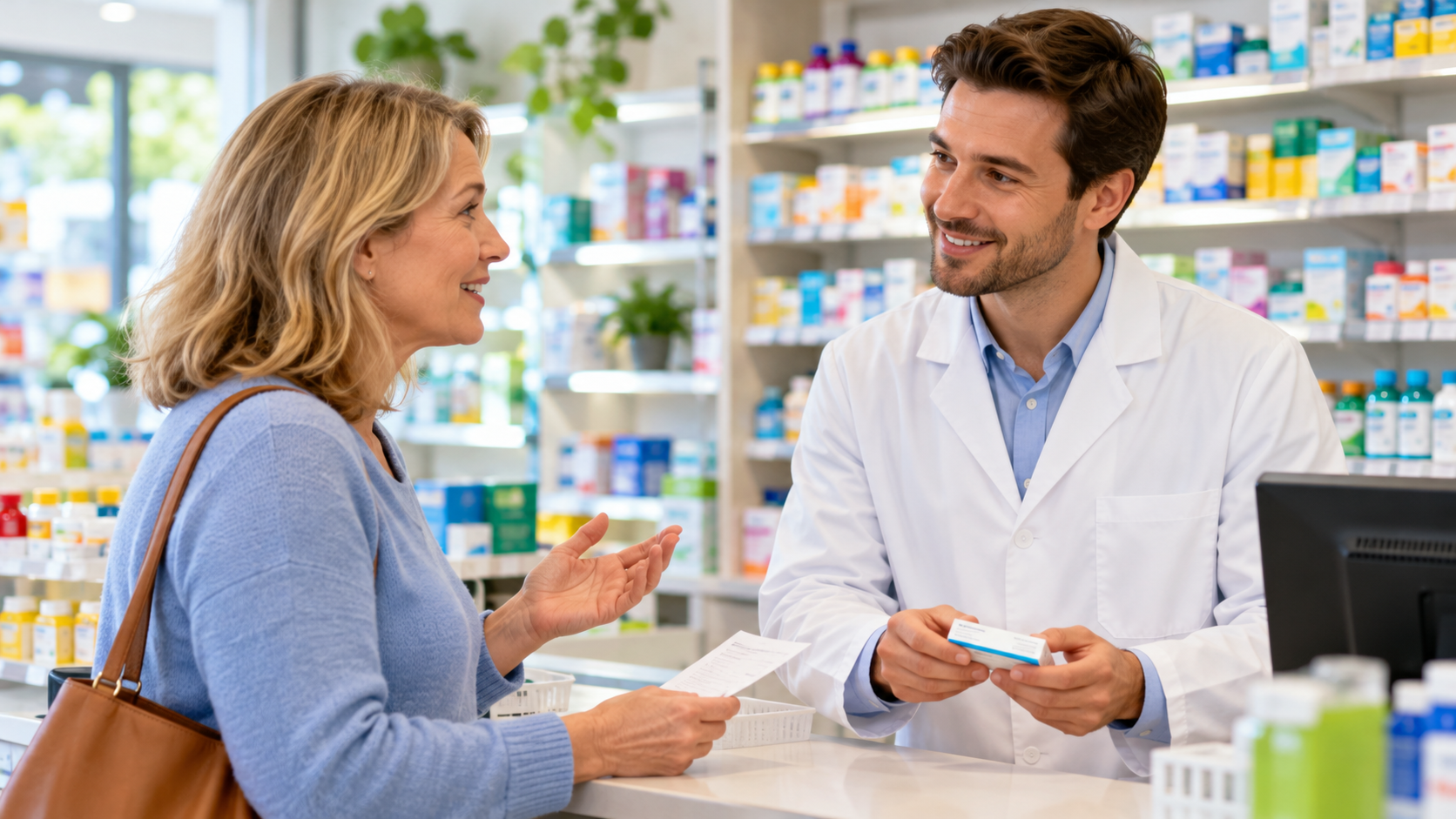 Asking for a prescription refill at the pharmacy