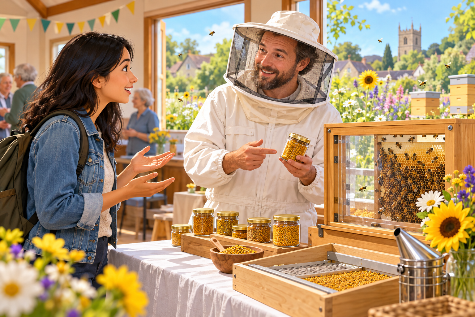 Asking about a local community bee pollen harvesting demonstration